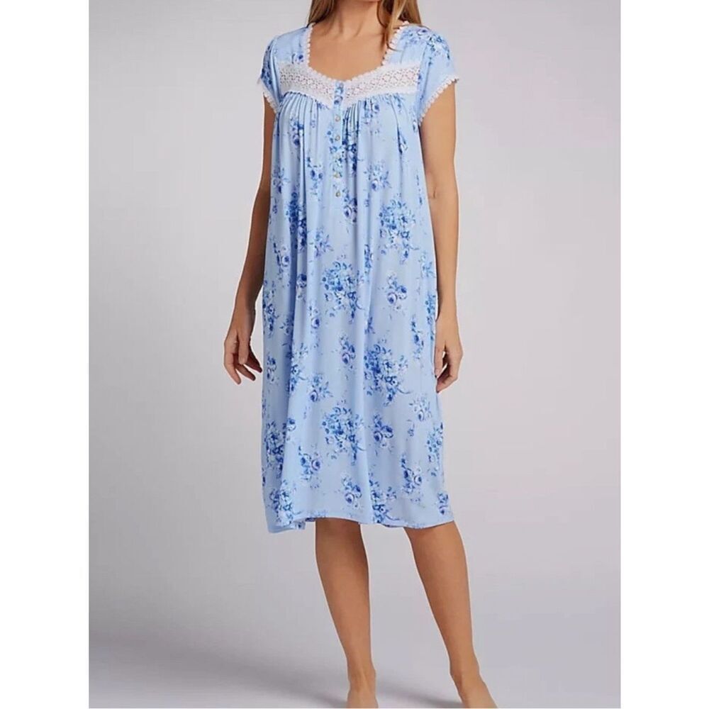 Eileen West Heirloom Rose Modal Waltz Nightgown L Lace Trim Floral Sleep Dress